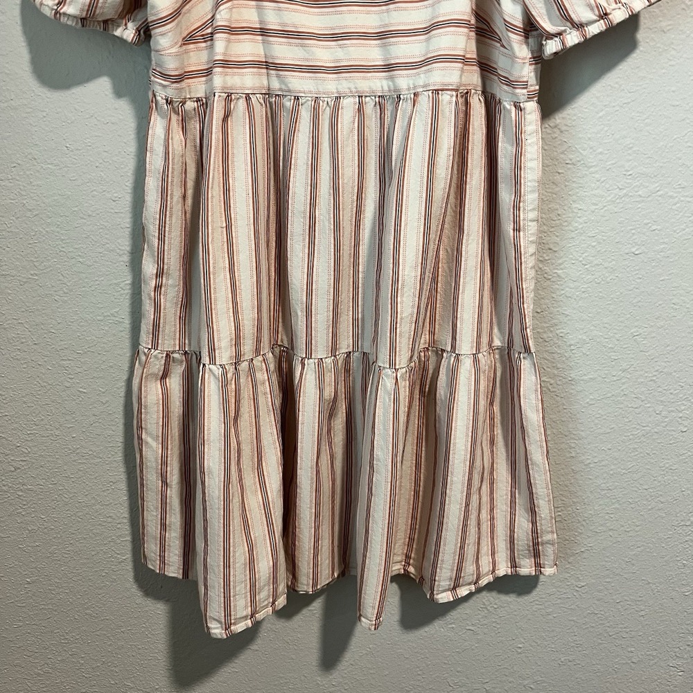 LOFT Women's Mini Dress Size 2 Red Pink Striped Puff Sleeve Babydoll Summery - Picture 5 of 13